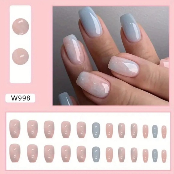 ✨Press-on nails nails artificial with Adhesive Almond 24pcs Blue Summer Wear ✨ - Picture 2 of 4